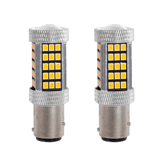 [PT200527X2] 2 Pezzi Lampada LED BAZ15D S25 P21/5W 66 SMD 2835 12V 24V 300lm 4W/1.5W Doppio Filamento Ambra Piedi Sfalsati 55mm 360°