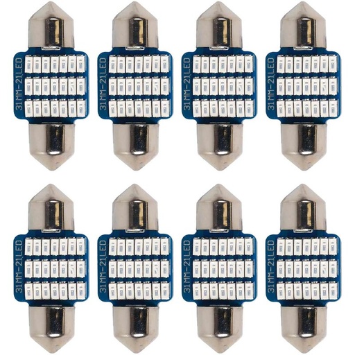 [PT200449X4] 8 Pezzi Lampada Led Siluro 31mm Canbus T11 SV8.5 C5W C10W 21 SMD 3014 12V 1W 160lm Luce Colore Blu