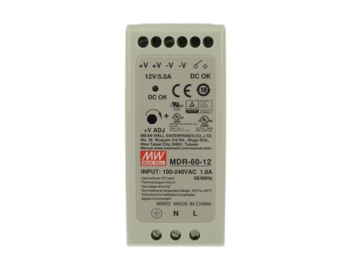 [MW-MDR-60-12] Alimentatore Rotaia Industriale MW MEAN WELL MDR-60-12 60W 12V 5A Barra Guida DIN Rail Single Power Supply Input 220V 110V