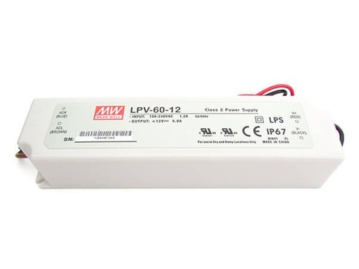 [MW-LPV-60-12] Alimentatore Trasformatore CV MW MEAN WELL Impermeabile IP67 12V 60W 5A LPV-60-12 Input 220V e 110V
