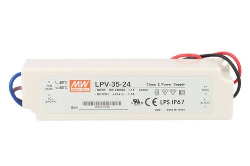 [MW-LPV-35-24] Alimentatore Trasformatore CV MW MEAN WELL Impermeabile IP67 24V 35W 1,5A LPV-35-24 Input 220V e 110V
