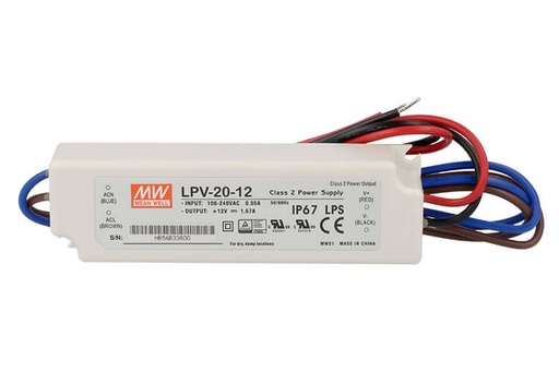 [MW-LPV-20-12] Alimentatore Trasformatore CV MW MEAN WELL LPV-20-12 Impermeabile IP67 12V 20W 1,67A Input 220V e 110V
