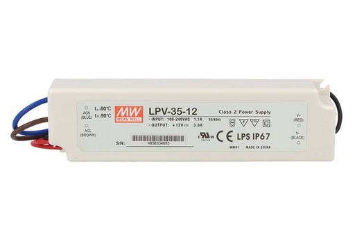 [MW-LPV-35-12] Alimentatore Trasformatore CV MW MEAN WELL LPV-35-12 12V 35W 3A Impermeabile IP67 Input 220V e 110V