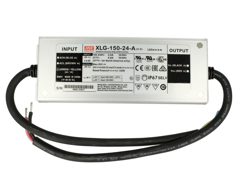 [MW-XLG-150-24-A] Alimentatore Trasformatore MW MEAN WELL Impermeabile IP67 24V 150W 6,25A XLG-150-24-A