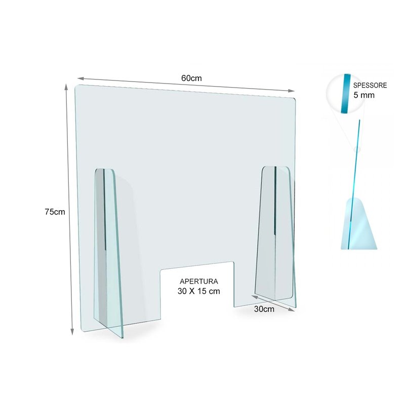 Barriera protettiva in plexiglass da banco 75x60 cm, foro passaggio, Made in Italy