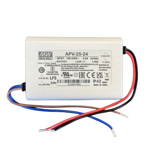 [MW-APV-25-24] MW MEAN WELL APV-25-24 Alimentatore 25W 24V 1,05A IP30 Input 220V e 110V