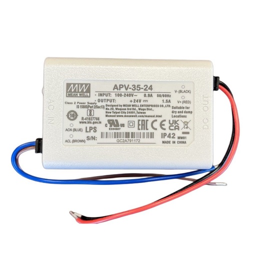 [MW-APV-35-24] MW MEAN WELL APV-35-24 Alimentatore 35W 24V 1,5A IP30 Input 220V e 110V