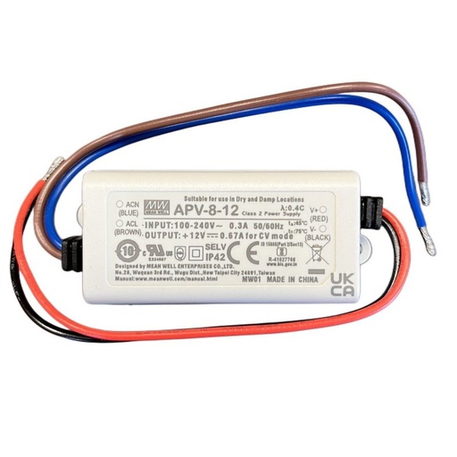 [MW-APV-8-12] MW MEAN WELL APV-8-12 Alimentatore 8W 12V 0,67A IP30 Input 220V e 110V