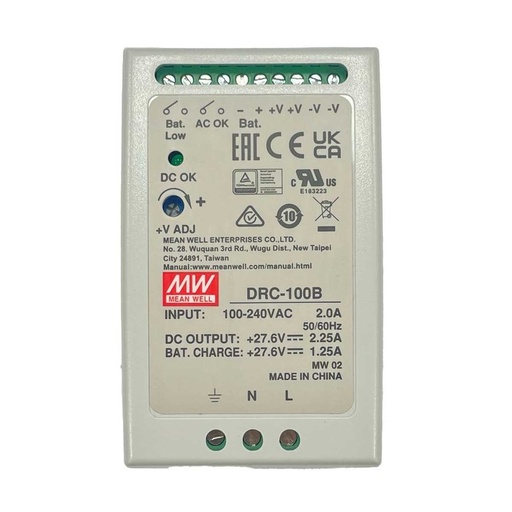 [MW-DRC-100B] MeanWell DRC-100B Alimentatore AC/DC 100W montaggio Su Guida DIN con Funzione di Carica Batteria (UPS) Output 24-30Vdc at 2.25A e 27.6Vdc at 1.25A