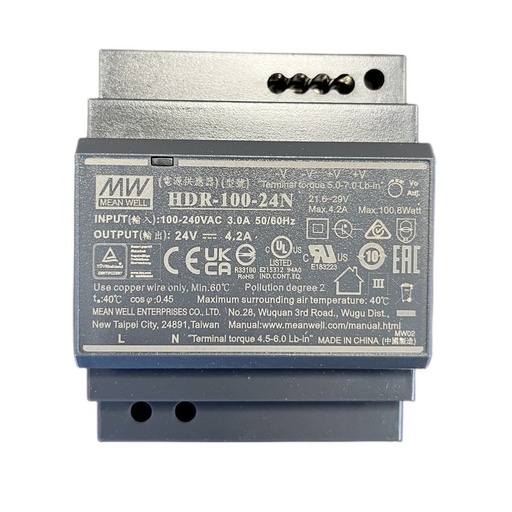 [MW-HDR-100-24N] MW MEAN WELL HDR-100-24N Alimentatore Guida DIN 100W 24V 4,2A Input 220V e 110V