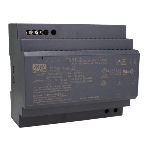 [MW-HDR-150-12] MW MEAN WELL HDR-150-12 Alimentatore Guida DIN 150W 12V 12,5A Input 220V e 110V