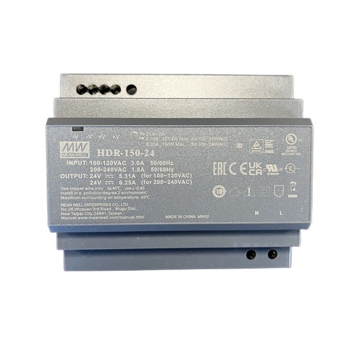 [MW-HDR-150-24] MW MEAN WELL HDR-150-24 Alimentatore Guida DIN 150W 24V 6,25A Input 220V e 110V