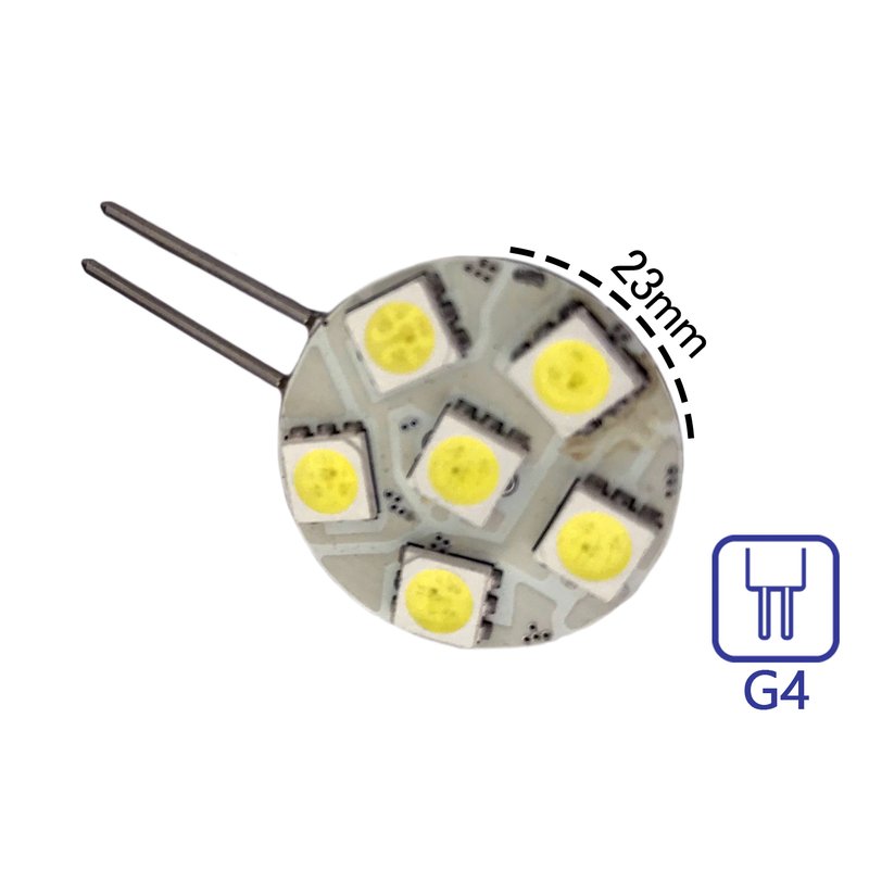 [ABC393] Coppia lampade LED G4 bianco freddo 6000K 12V 1W, 6 SMD 5050 Ø23mm