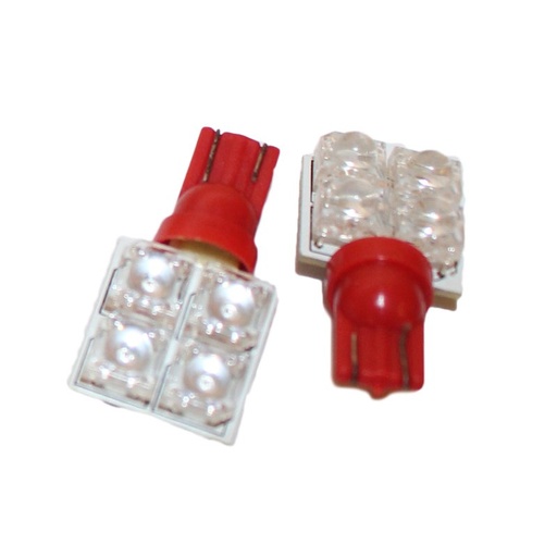 [ABC351] Coppia 2 Lampade Led T10 Con 4 Led F5 Flux Laterale Colore Rosso Red 12V 0,2W