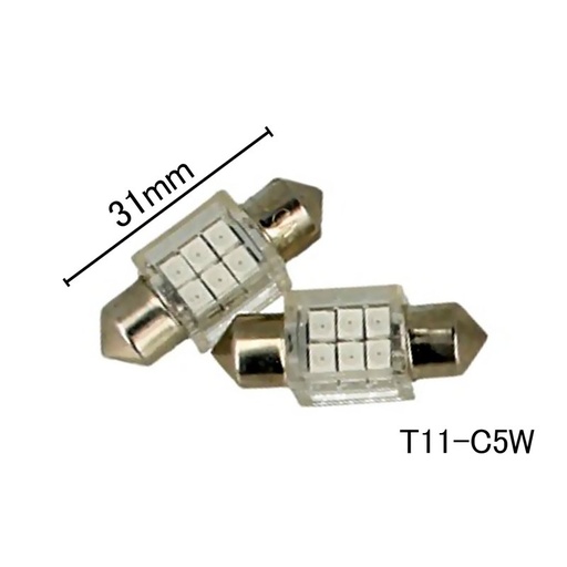 [ABC198] Coppia 2 Lampade Led T11 C5W Siluro 31mm Quadrato Con 6 Smd 3528 Colore Rosso Red 12V 1W