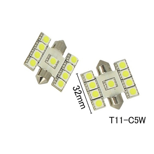 [ABC267] Coppia 2 Lampade Led T11 C5W Siluro 32mm Con 9 Smd 5050 Colore Bianco Freddo 6000K 12V 1W
