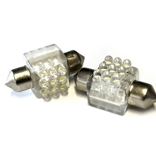 [ABC513] Coppia 2 Lampade Led T11 C5W Siluro 32mm Quadrato Con 9 Led F3 Colore Bianco Freddo 6000K 12V 0,2W