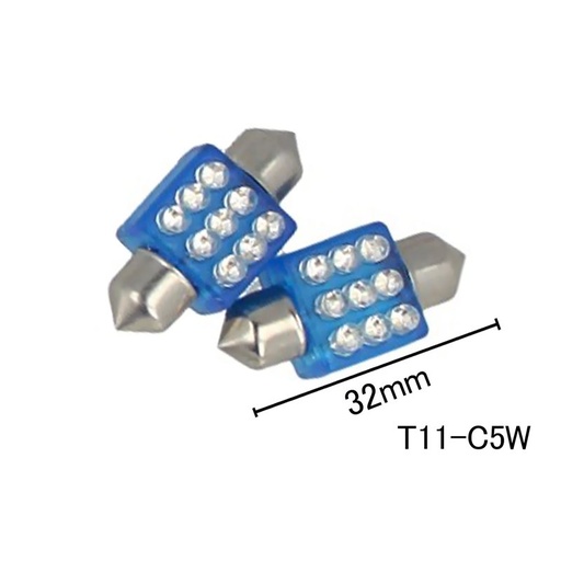 [ABC404] Coppia 2 Lampade Led T11 C5W Siluro 32mm Quadrato Con 9 Led F3 Colore Blue Blu 12V 0,2W