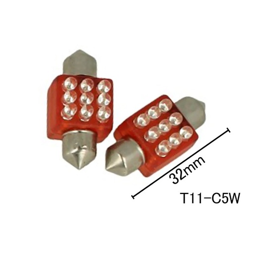 [ABC407] Coppia 2 Lampade Led T11 C5W Siluro 32mm Quadrato Con 9 Led F3 Colore Rosso 12V 0,2W