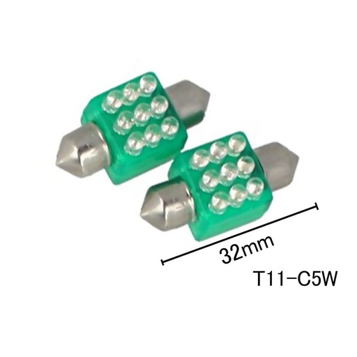 [ABC406] Coppia 2 Lampade Led T11 C5W Siluro 32mm Quadrato Con 9 Led F3 Colore Verde Green 12V 0,2W