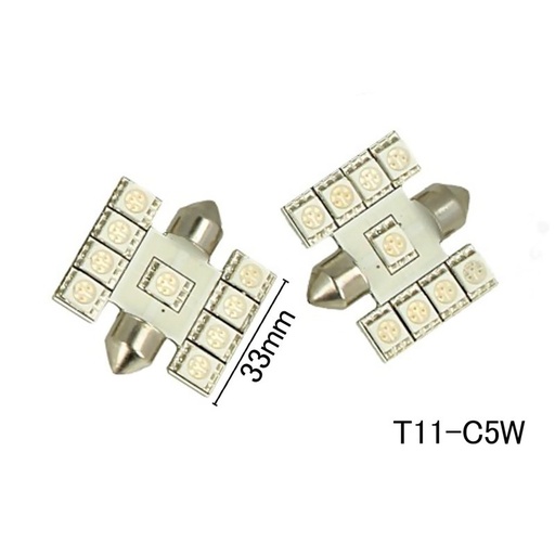 [ABC274] Coppia 2 Lampade Led T11 C5W Siluro 33mm Con 9 Smd 5050 Colore Blue Blu 12V 1W