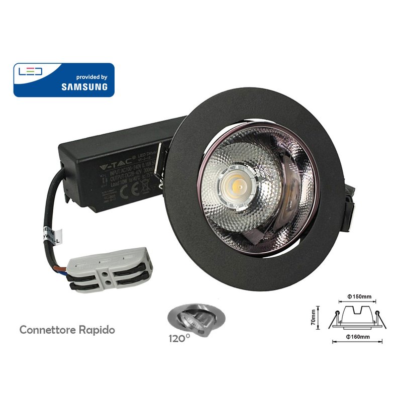 Faretto LED COB Samsung da Incasso Orientabile 20W Nero, 1780 lm