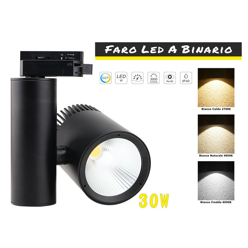 [CB818CCT] Faro Lampada Led A Binario 30W Monofase CCT CRI 90 Carcassa Nera 2700K 4000K 6000K 3 In 1 Luce Stretta 24 Gradi