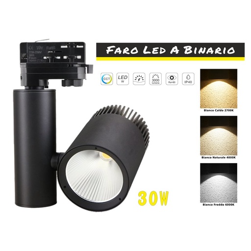 [CB838CCT] Faro Lampada Led A Binario 30W Trifase CCT CRI 90 Carcassa Nera 2700K 4000K 6000K 3 In 1 Luce Stretta 24 Gradi