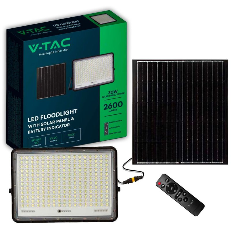 Faro LED con Telecomando e Pannello Solare 30W 2600LM Indicatore Batteria Cavo da 3m Colore Nero 4000K SKU-7830