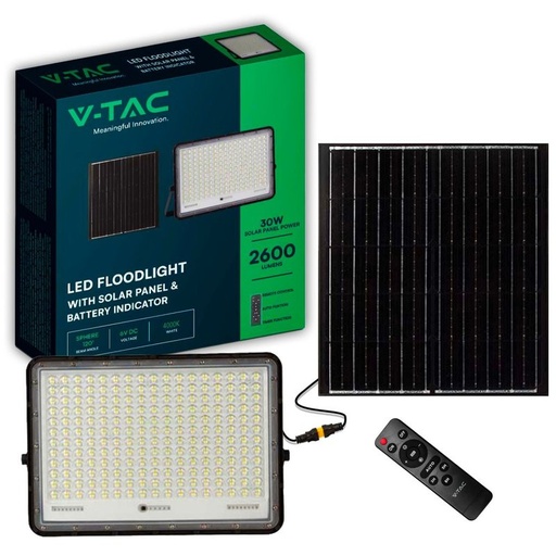 [HS7830N] Faro LED con Telecomando e Pannello Solare 30W 2600LM Indicatore Batteria Cavo da 3m Colore Nero 4000K SKU-7830