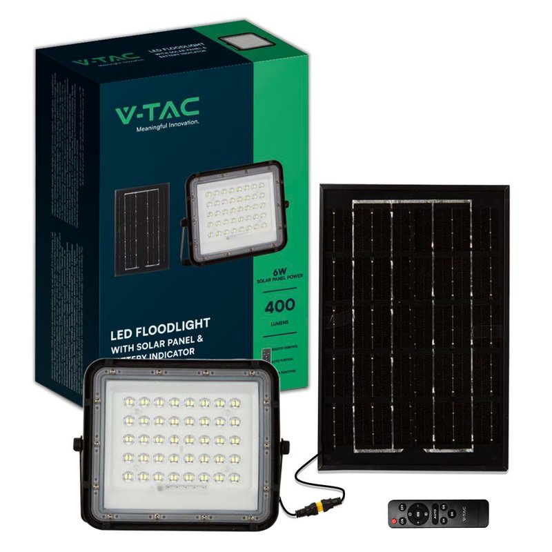 Faro LED con Telecomando e Pannello Solare 6W 400LM Indicatore Batteria Cavo da 3m Colore Nero 4000K SKU-7822