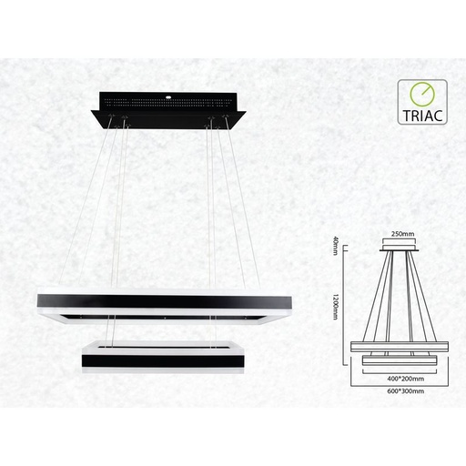 [SV3987] Lampada Led A Sospensione Rettangolare Colore Nero Doppio Anello 600X300mm 400X200mm 3000K 100W Dimmerabile Triac Dimmer SKU-3987