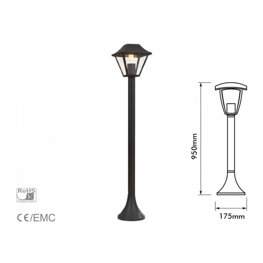[HS8687] Lampione a Lanterna Palo Da Terra Per Giardino Altezza 950mm Attacco E27 Colore Nero Opaco IP44 SKU-8687