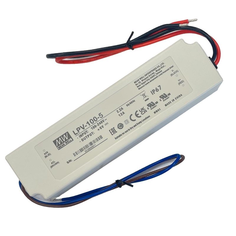 [MW-LPV-100-5] MW MEAN WELL LPV-100-5 Alimentatore Trasformatore CV Impermeabile IP67 5V 60W 12A Input 220V e 110V