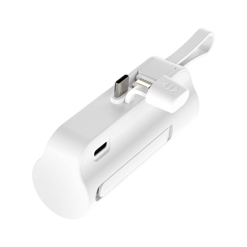 Mini powerbank 5000mAh bianco, USB-C e Lightning integrati, ricarica rapida 20W