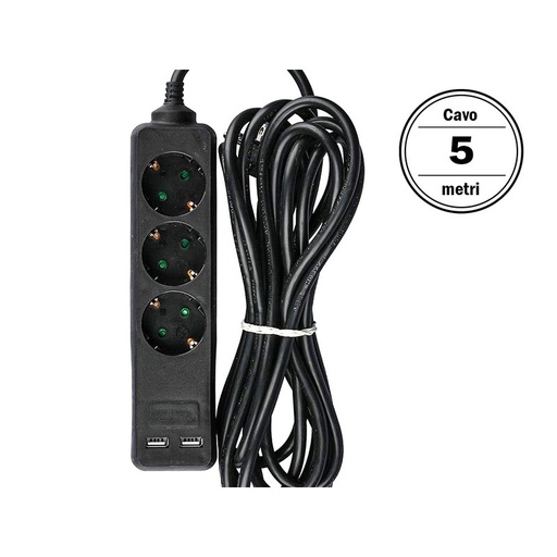 [AP8777] Multipresa Ciabatta Elettrica Con 2 USB e 3 Posti Schuko 10A Cavo Lunga 5 Metri Colore Nero 3X1.5 mmq SKU-8777