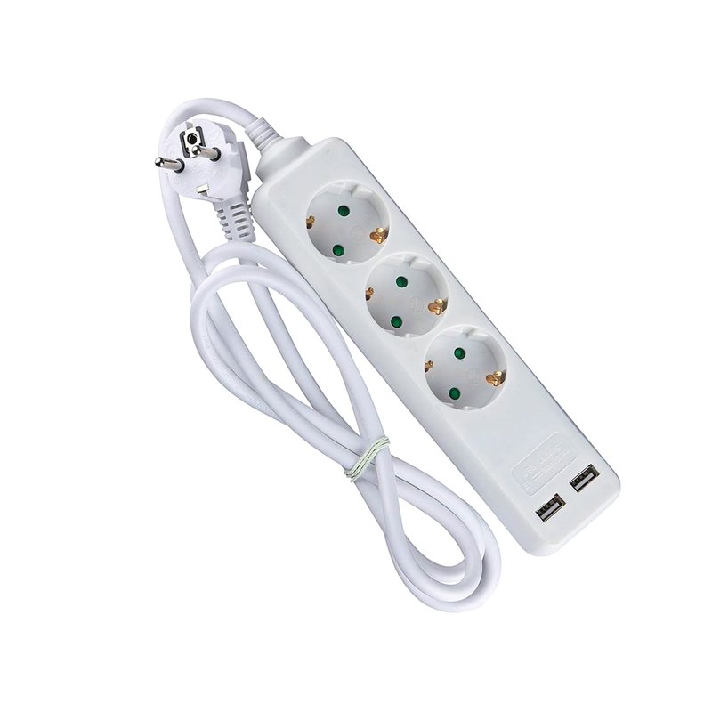 [AP8774] Multipresa Ciabatta Elettrica Con 2 USB e 3 Posti Schuko 10A Cavo Lungo 1,5 Metri Colore Bianco 3X1.5 mmq SKU-8774