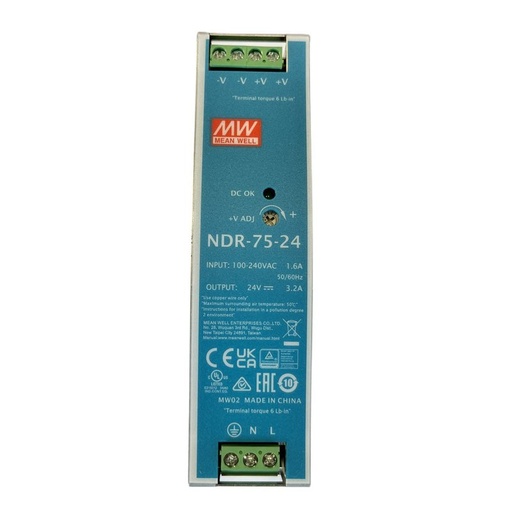 [MW-NDR-75-24] MW MEAN WELL NDR-75-24 Trasformatore Rotaia Industriale 24V 75W 3,2A Barra Guida DIN Rail Power Supply Input 220V 110V