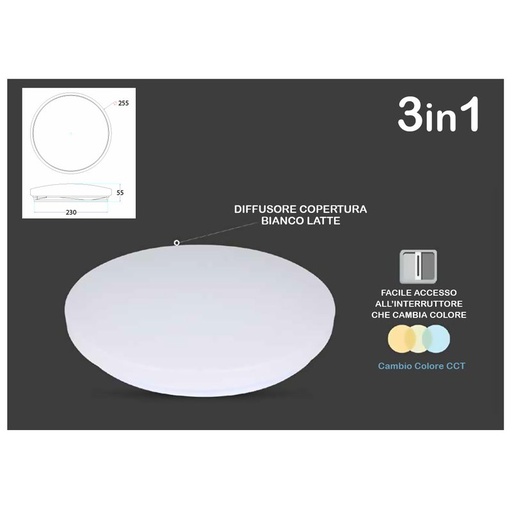 [LP7603CCT] Plafoniera A Led Da Soffitto CCT Rotondo 12W D255mm Cambia Colore 3 in 1 3000K 4000K 6400K SKU-217603
