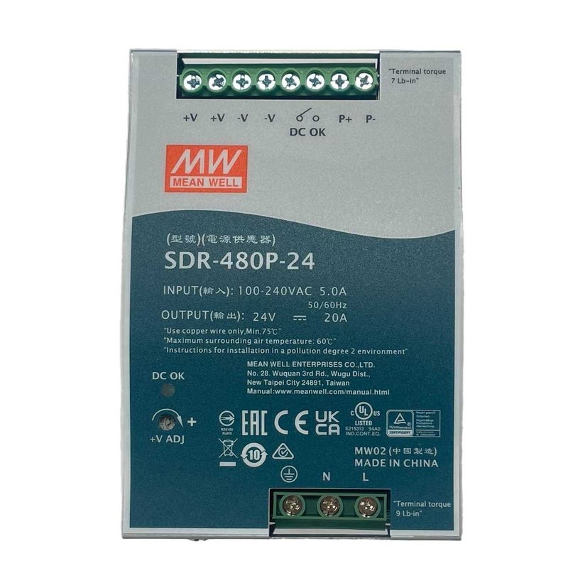 [MW-SDR-480P-24] MW MEAN WELL SDR-480P-24 Alimentatore DIN RAIL 480W 24V 20A Per Automazione Industriale Input 220V 110