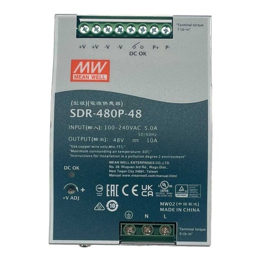 [MW-SDR-480P-48] MW MEAN WELL SDR-480P-48 Alimentatore DIN RAIL 480W 48V 10A Per Automazione Industriale Input 220V 110