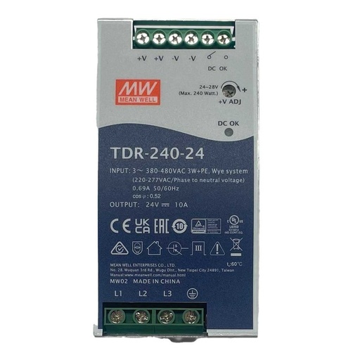 [MW-TDR-240-24] MW MEAN WELL TDR-240-24 Alimentatore DIN RAIL 240W 24V 10A Input 380V Trifase Per Uso Industriale