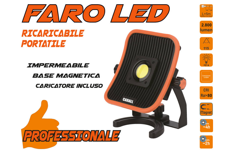 [JF8210] Proiettore Faro Led Flood Professionale 30W Ricaricabile e Cavo 5 Metri Dual System Base Magnetica Batteria Estraibile Utilizzabile Come Power Bank USB