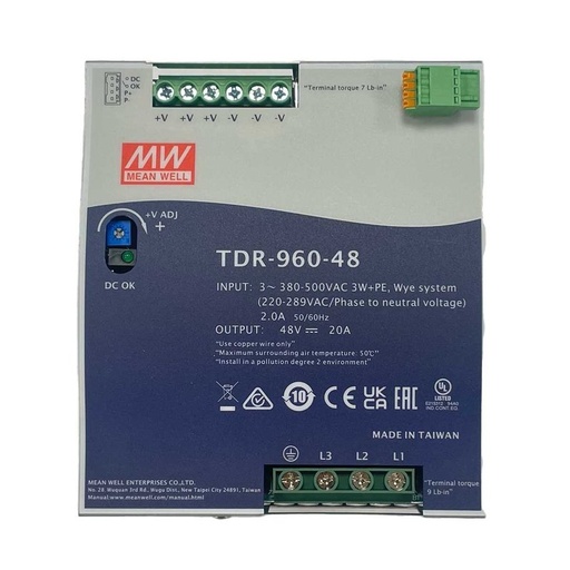 [MW-TDR-960-48] MW MEAN WELL TDR-960-48 Alimentatore DIN RAIL 960W 48V 20A Input 380V Trifase Per Uso Industriale