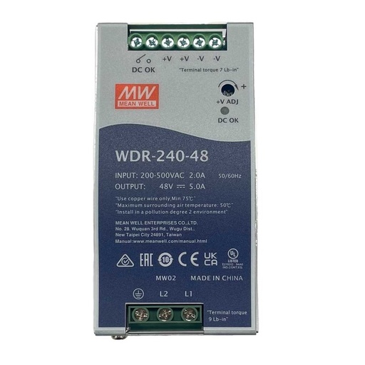 [MW-WDR-240-48] MW MEAN WELL WDR-240-48 Alimentatore Slim DIN Rail 240W 48V 5A Input 180-550V
