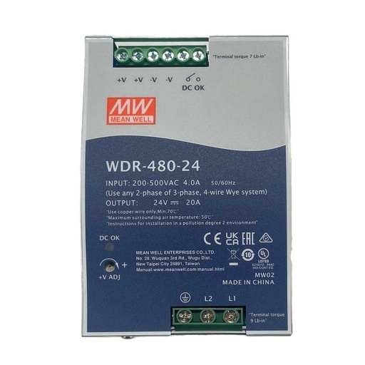 [MW-WDR-480-24] MW MEAN WELL WDR-480-24 Alimentatore Slim DIN Rail 480W 24V 20A Input 180-550V