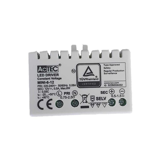 [AT-MINI-6-12] Mini Alimentatore Trasformatore 6W 12V 0,5A IP20 50X32X18,5mm Con Morsetti