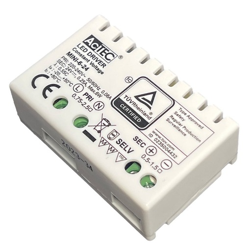 [AT-MINI-6-24] Mini Alimentatore Trasformatore 6W 24V 0,25A IP20 50X32X18,5mm Con Morsetti