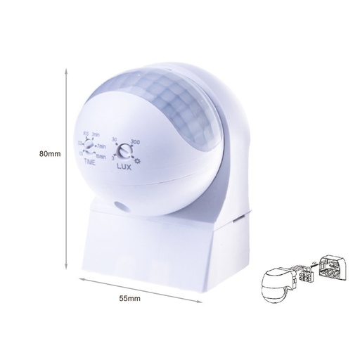 [CL1941] Sensore di Movimento a Infrarossi e Crepuscolare Montaggio a Parete Muro Carcassa Bianca Testa Orientabile 180 Gradi IP44 SKU-5088