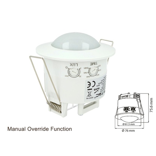 [CL1944] Sensore di Movimento a Infrarossi e Crepuscolare Montaggio Da Incasso Colore Bianco IP20 360 Gradi Manual Override SKU-1356